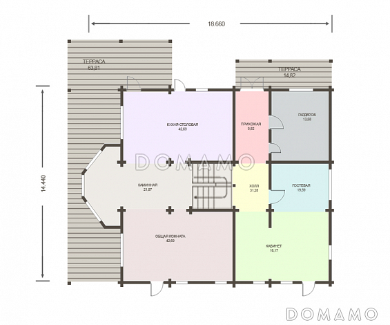 Проект огромного дома из клееного бруса общей площадью более 600 м2 / План 1 этажа Проект огромного дома из клееного бруса общей площадью более 600 м2 / План 1 этажа