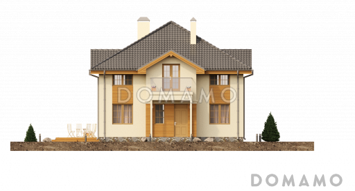 Проект загородного дома с кладовой в кухне, просторной гостиной, террасой, балконом / Фасад 2