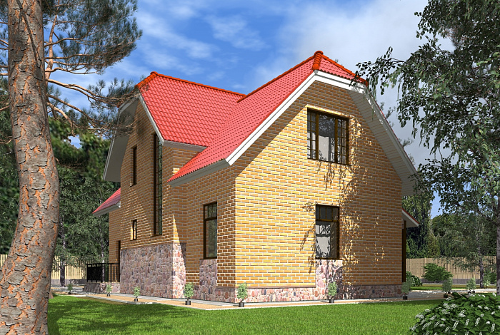 Проект полутораэтажного коттеджа с яркой облицовкой и открытой террасой