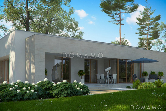 Проект одноэтажного дома из кирпича с плоской крышей, с угловым остеклением гостиной Проект одноэтажного дома из кирпича с плоской крышей, с угловым остеклением гостиной