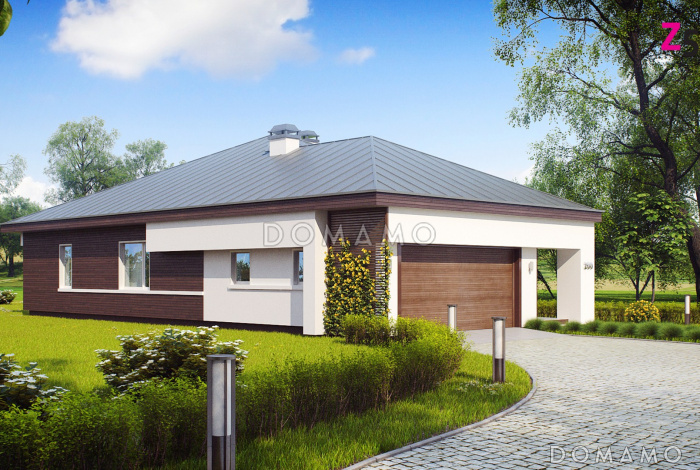 Проект одноэтажного дома из газобетона со стеклянным эркером в просторной гостиной и гаражом на два автомобиля