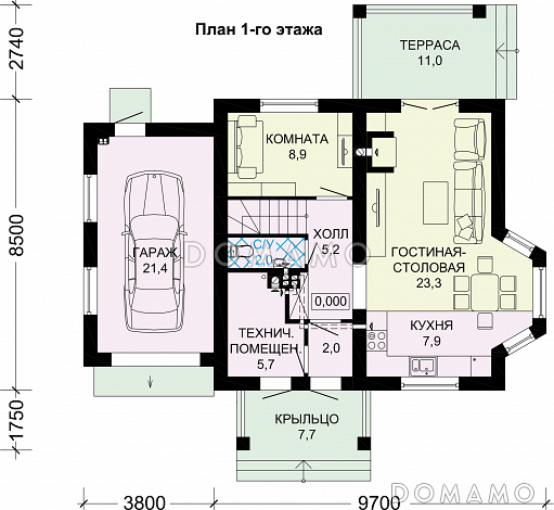 Проект одноэтажного дома из газобетона с мансардой, эркером, гаражом и шатровой ломанной крышей / План 1 этажа Проект одноэтажного дома из газобетона с мансардой, эркером, гаражом и шатровой ломанной крышей / План 1 этажа