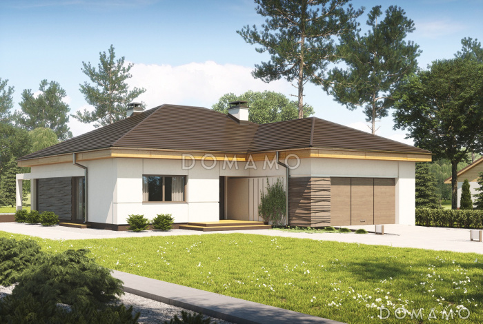 Проект современного одноэтажного дома из кирпича с тремя спальнями и большим фронтальным гаражом, с изменённой крышей и крытой террасой