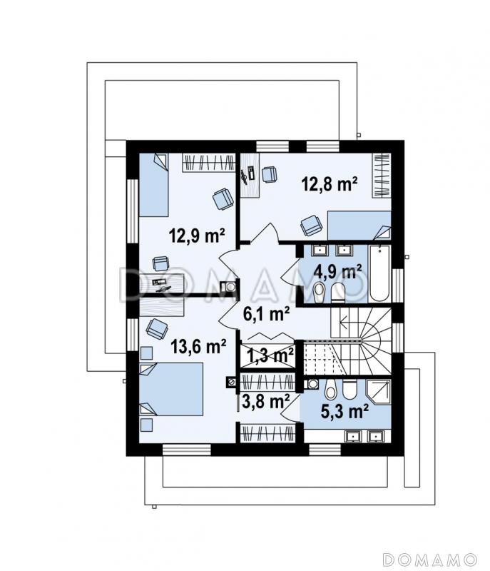 Проект хорошо зонированого двухэтажного дома с кабинетом, мастер-спальней, кладовой / План 2 этажа