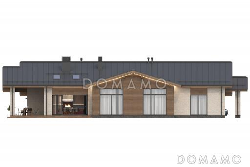 Проект одноэтажного дома с приватным блоком, спа-зоной, навесом для двух автомобилей и террасой с барбекю / Фасад 4