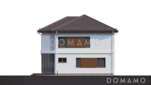 Проект загородного дома с террасой, кладовой в кухне, балконом, детскими комнатами и кабинетом / Фасад 4