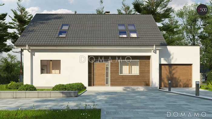 Проект одноэтажного коттеджа из кирпича с мансардным этажом, большой светлой гостиной и пристроенным гаражом