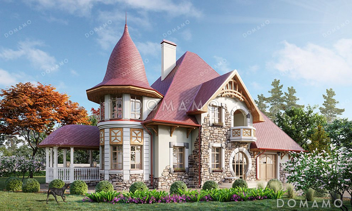 Проект дома с эркером и террасой в стиле замка