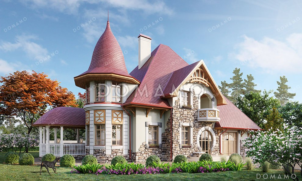 Проект дома с эркером и террасой в стиле замка / 1