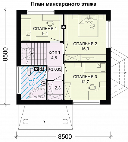 Проект дома из газобетона с тремя небольшими спальнями на мансардном этаже / План мансардного этажа