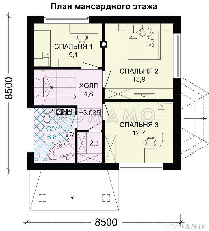 Проект дома из газобетона с тремя небольшими спальнями на мансардном этаже / План мансардного этажа