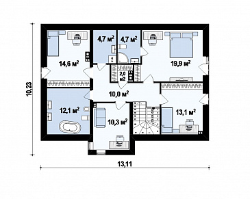 Проект одноэтажного мансардного дома из газобетона с прямоугольным выступом на втором уровне / План мансардного этажа Проект одноэтажного мансардного дома из газобетона с прямоугольным выступом на втором уровне / План мансардного этажа