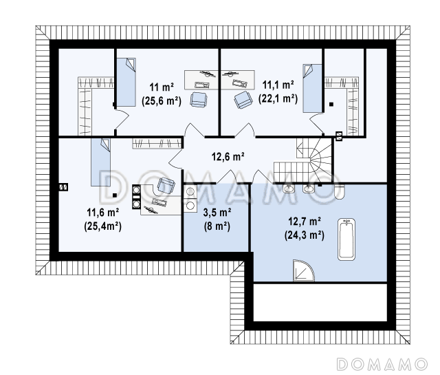 Проект одноэтажного мансардного дома из газобетона с гостевой спальней и кабинетом на первом этаже и встроенным гаражом / План мансардного этажа