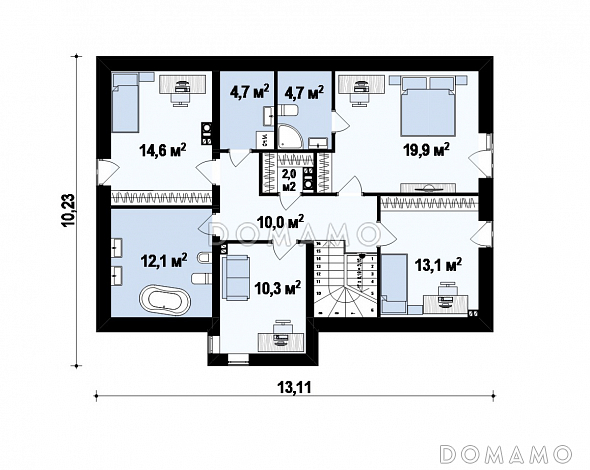 Проект одноэтажного мансардного дома из газобетона с прямоугольным выступом на втором уровне / План мансардного этажа Проект одноэтажного мансардного дома из газобетона с прямоугольным выступом на втором уровне / План мансардного этажа