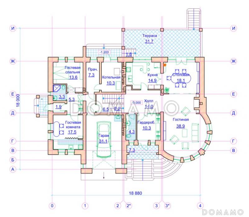 Проект коттеджа с круглой двусветной гостиной и гаражом / План 1 этажа