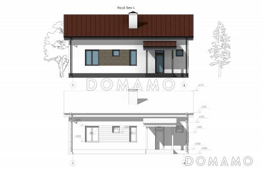 Проект компактного дома с тремя спальнями и проходной кухней-гостиной / Фасад 4 Проект компактного дома с тремя спальнями и проходной кухней-гостиной / Фасад 4