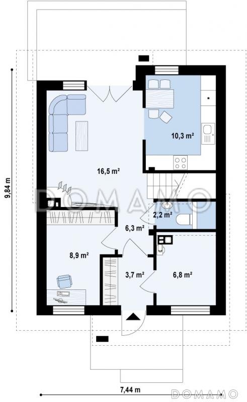 Проект компактного одноэтажного мансардного дома из газобетона с двумя балконами и тремя спальнями / План 1 этажа