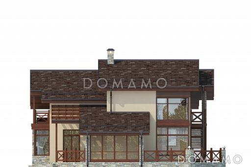 Проект дома с большой открытой террасой, навесом на одну машину, вторым светом, террасой и балконом на мансардном этаже / Фасад 4