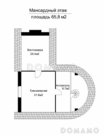 Проект бассейна под шатровой кровлей, с подвалом и тренажерной в мансарде / План мансардного этажа