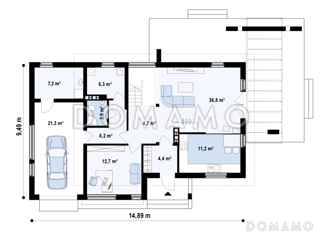 Проект двухэтажного дома из кирпича с гаражом и большой террасой на втором этаже / План 1 этажа