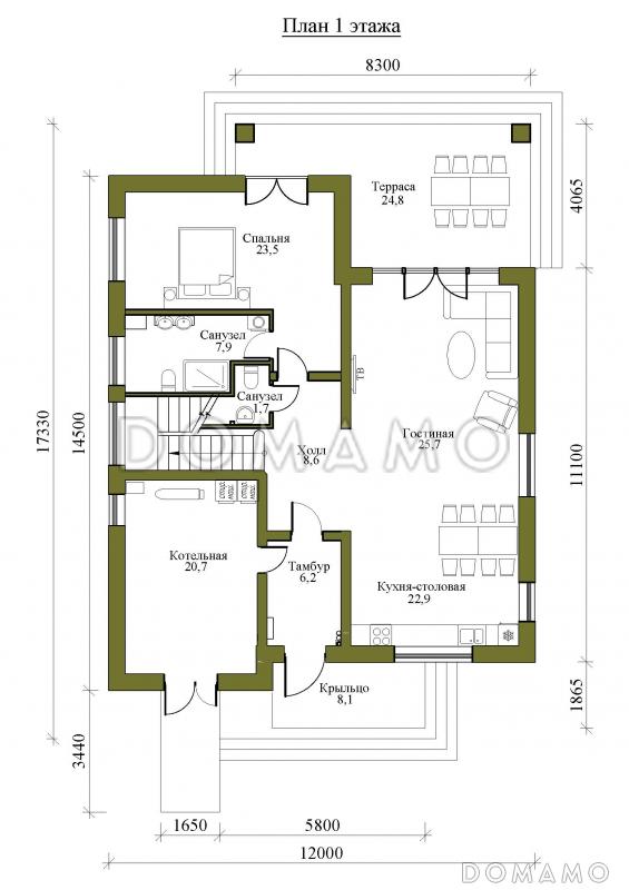 Проект одноэтажного дома в стиле Барнхаус с мансардой, четырьмя спальнями и вторым светом / План 1 этажа