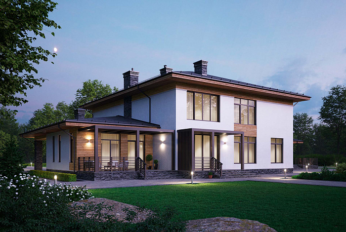 Проект особняка с 4 спальнями, спа-зоной, кинотеатром, верандой, навесом для авто