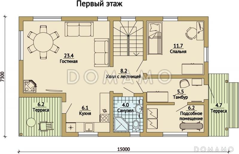 Проект каркасного дома с односкатной крышей / План 1 этажа