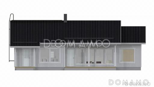 Проект газобетонного дома с двускатной крышей, панорамным округлым остеклением / Фасад 3