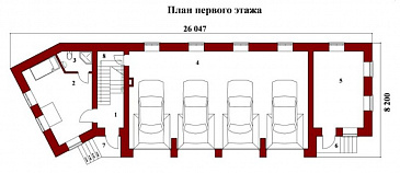 Проект гаража для четырех автомобилей с комнатой отдыха и санузлом / План 1 этажа Проект гаража для четырех автомобилей с комнатой отдыха и санузлом / План 1 этажа