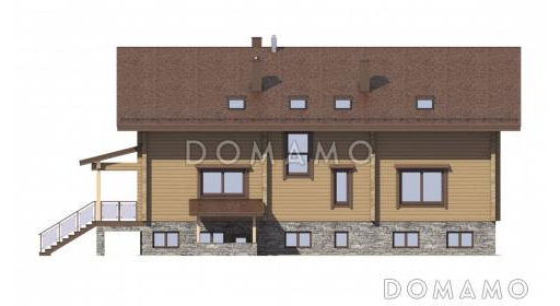 Проект особняка из бруса с цокольным этажем, тренажерным залом и панорамнымии окнами / Фасад 3