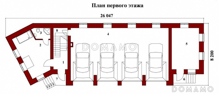 Проект гаража для четырех автомобилей с комнатой отдыха и санузлом / План 1 этажа Проект гаража для четырех автомобилей с комнатой отдыха и санузлом / План 1 этажа