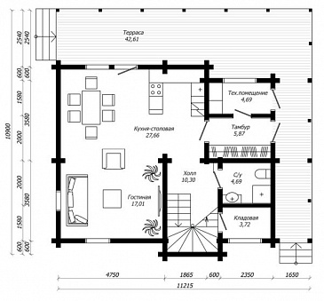 Проект современного дома из клееного бруса / План 1 этажа
