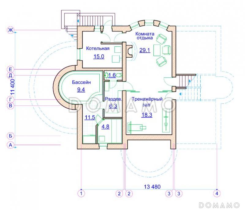 Проект коттеджа с двусветной гостиной, сауной и балконом / План цокольного этажа