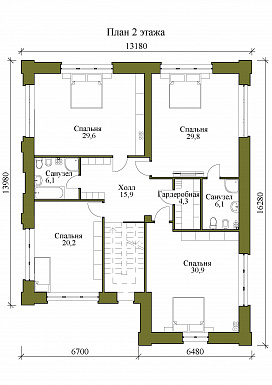 Проект двухэтажного дома с гостевой, гостиной и кухней столовой на первом этаже / План 2 этажа Проект двухэтажного дома с гостевой, гостиной и кухней столовой на первом этаже / План 2 этажа