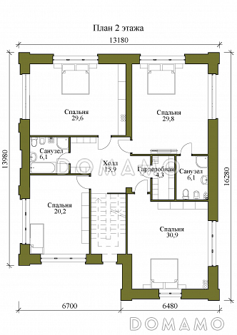Проект двухэтажного дома с гостевой, гостиной и кухней столовой на первом этаже / План 2 этажа Проект двухэтажного дома с гостевой, гостиной и кухней столовой на первом этаже / План 2 этажа