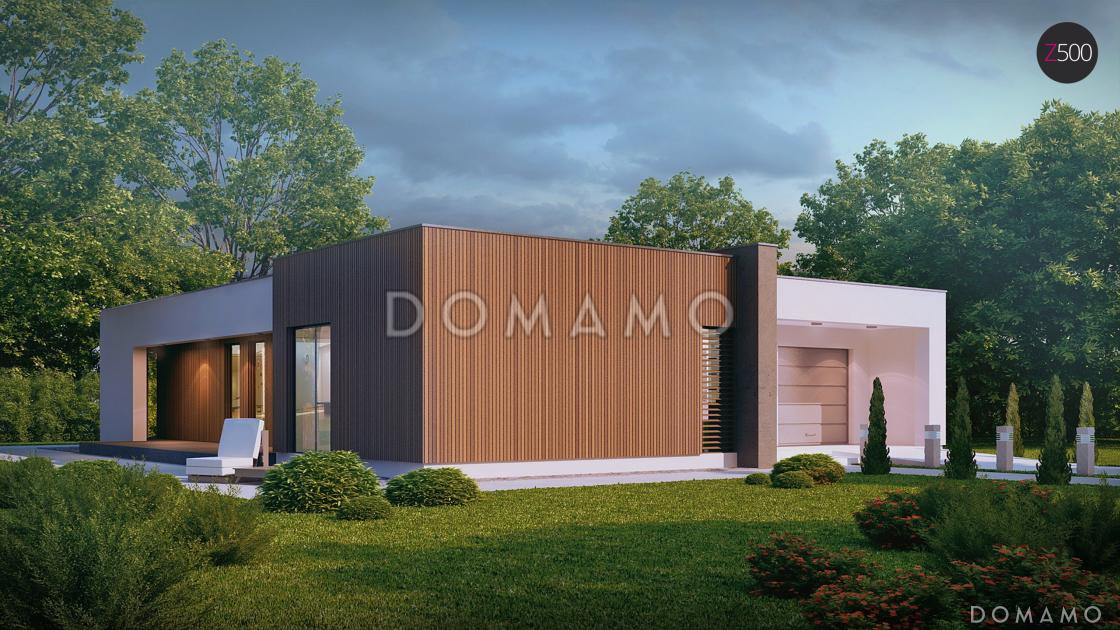 Проект современного одноэтажного дома из кирпича с плоской крышей с тремя спальнями и гаражом / 3