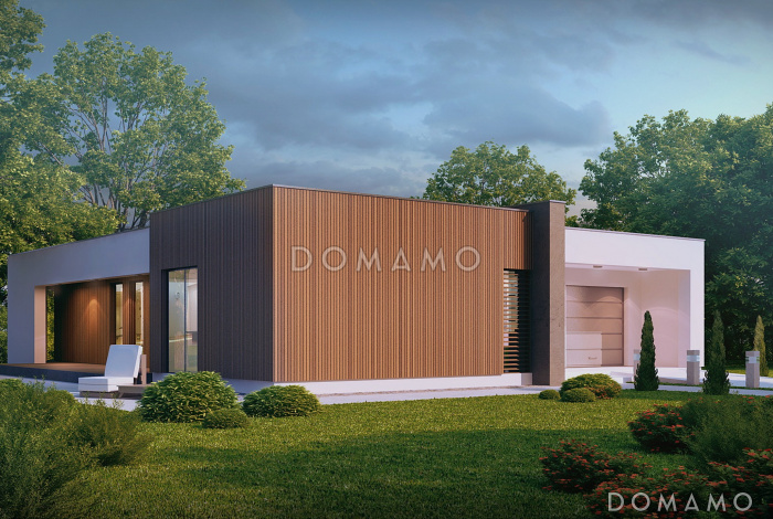 Проект современного одноэтажного дома из кирпича с плоской крышей с тремя спальнями и гаражом