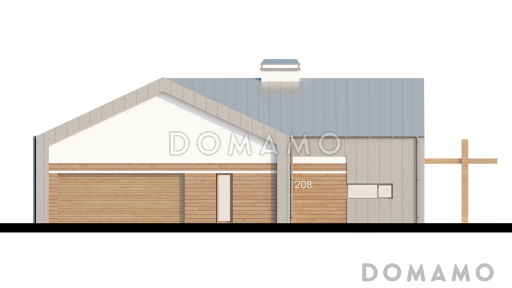 Проект углового одноэтажного дома из газобетона с облицовкой деревянной вагонкой и с гаражом на два автомобиля / Фасад 2