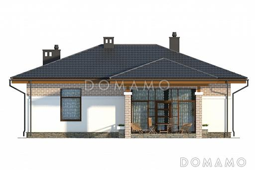 Проект одноэтажного дома с панорамным окном на крытую террасу / Фасад 2