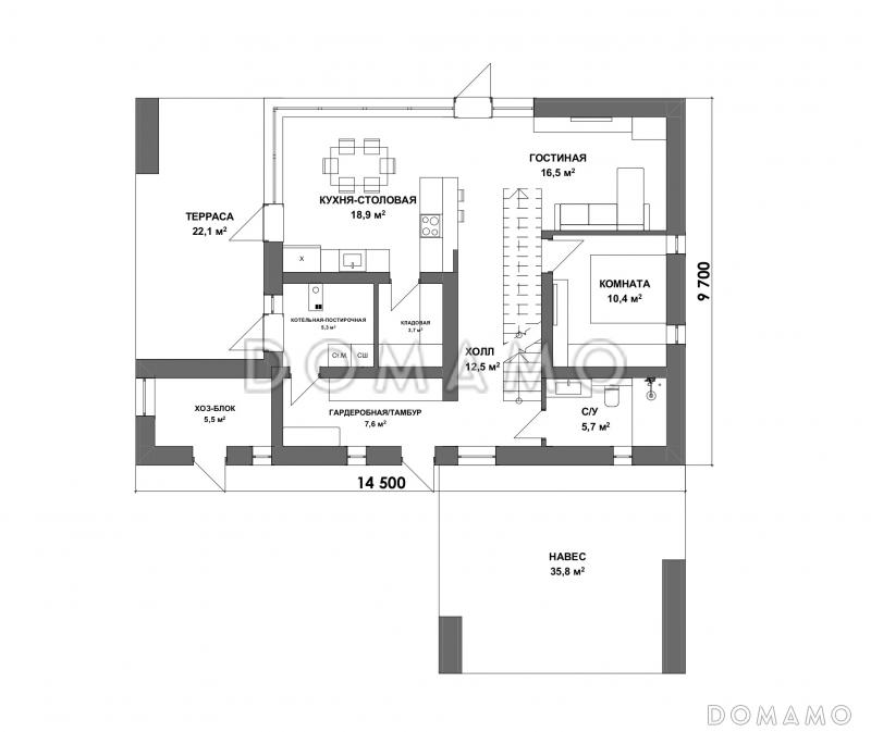 Проект современного двухэтажного дома с 4 спальнями и балконом / План 1 этажа