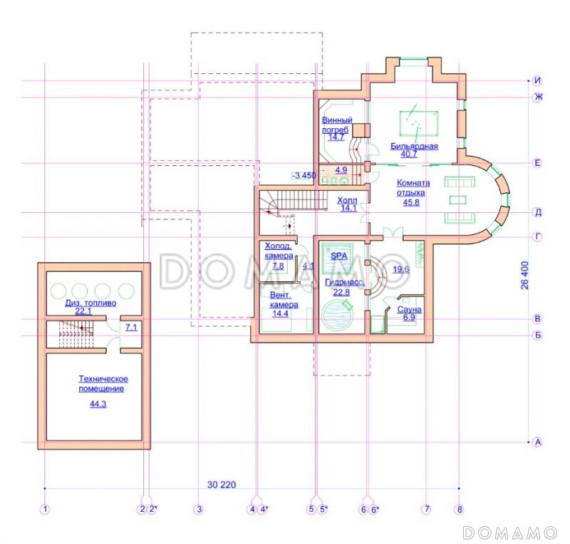 Проект просторного коттеджа с гаражом и хоз блоком / План цокольного этажа