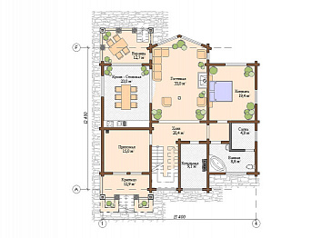 Проект дома из клееного бруса с сауной / План 1 этажа Проект дома из клееного бруса с сауной / План 1 этажа