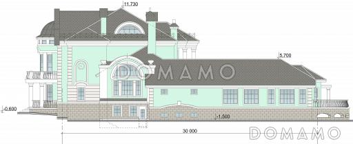 Проект коттеджа с двусветной гостиной, бильярдной и бассейном / Фасад 4 Проект коттеджа с двусветной гостиной, бильярдной и бассейном / Фасад 4