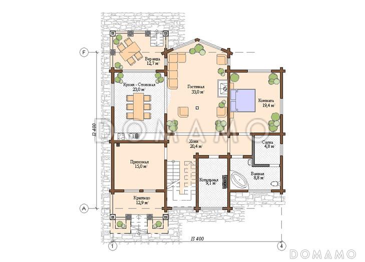 Проект дома из клееного бруса с сауной / План 1 этажа