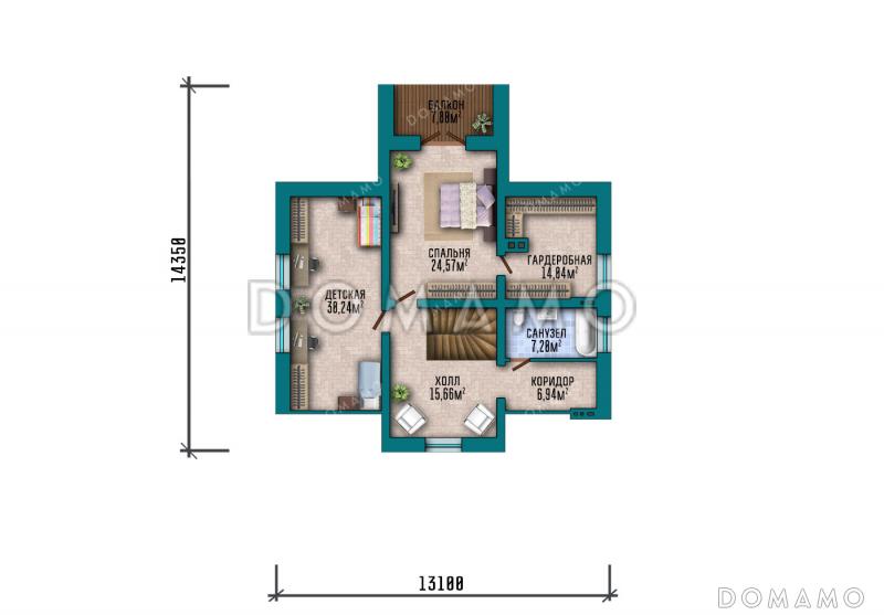Проект дома с 3 спальнями, зимним садом и кладовой на кухне / План мансардного этажа