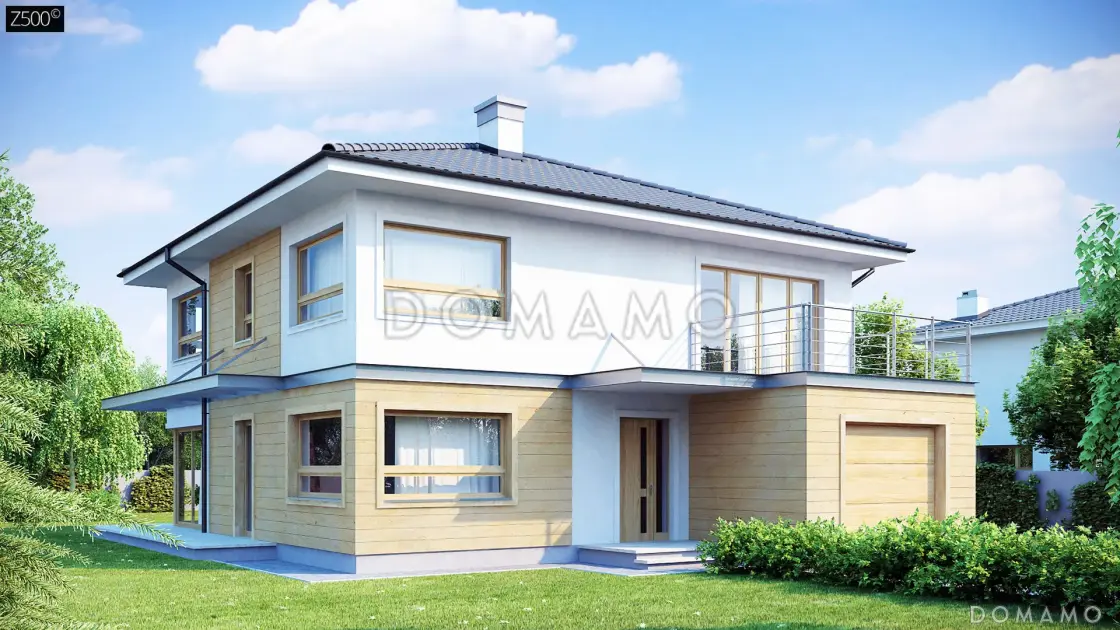 Проект двухэтажного дома из газобетона с 4 спальнями, подвалом и гаражом на 2 автомобиля / 1