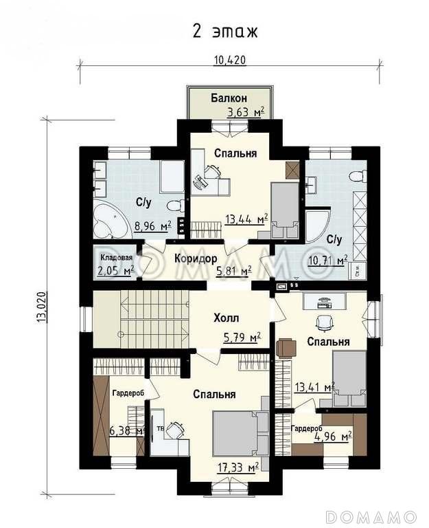 Проект загородного дома с кладовой в кухне, просторной гостиной, террасой, балконом / План мансардного этажа
