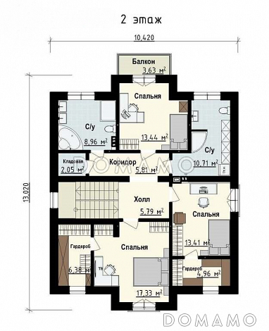 Проект загородного дома с кладовой в кухне, просторной гостиной, террасой, балконом / План мансардного этажа