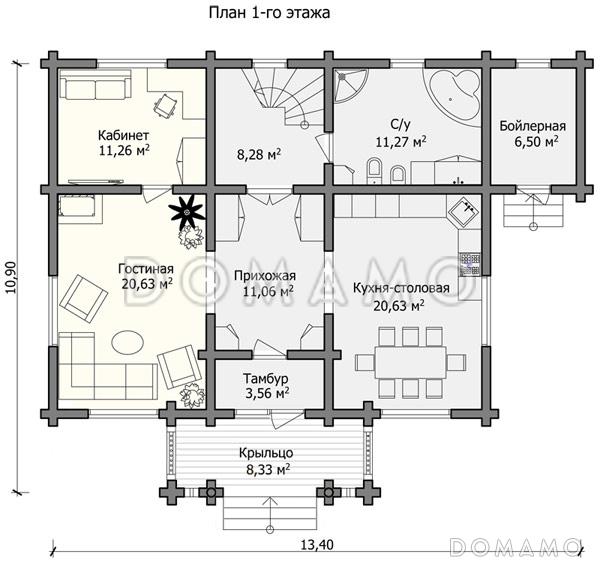 Проект дома с уютной гостиной, просторной кухней – столовой, большой прихожей, санузлом, бойлерной и кабинетом / План 1 этажа