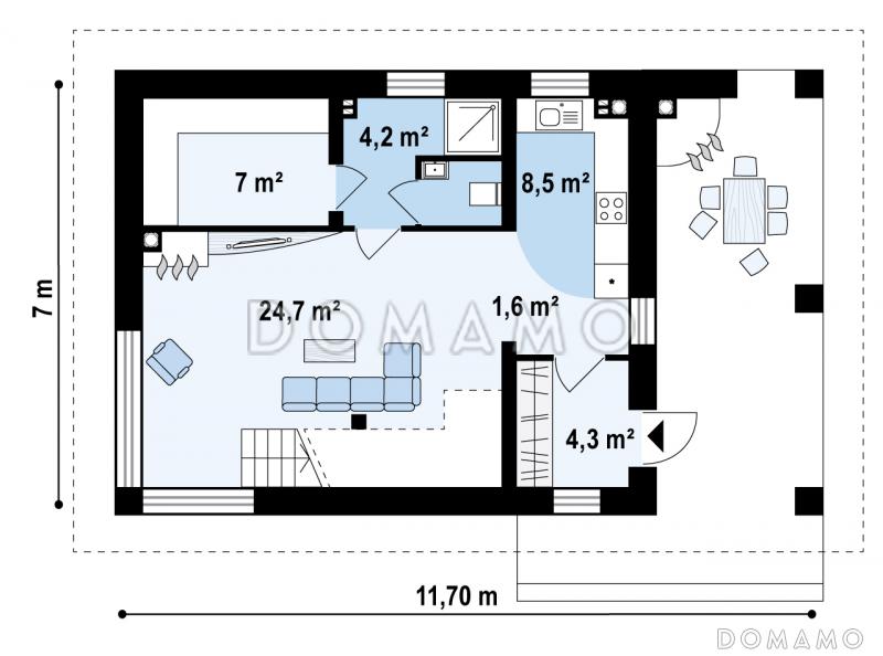 Проект просторной двухэтажной бани из газобетона с кухней, комнатами отдыха и барбекю на террасе / План 1 этажа